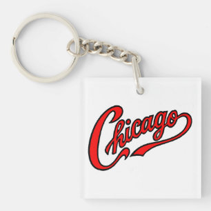 Chicago Text in Red Script Keychain