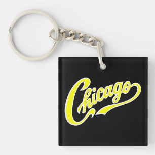 Chicago Text in Yellow Script BLK Keychain