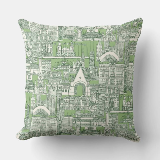 Chicago toile sea kelp sage green cushion (Front)