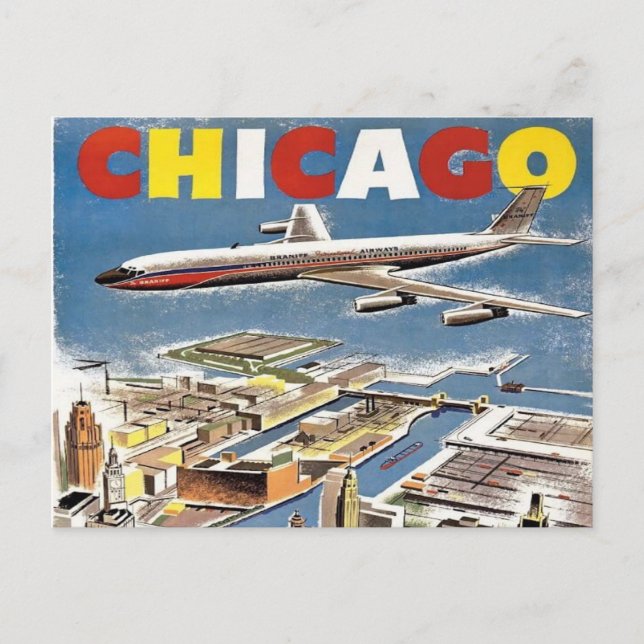 chicago travel tourism poster retro aeroplane postcard (Front)