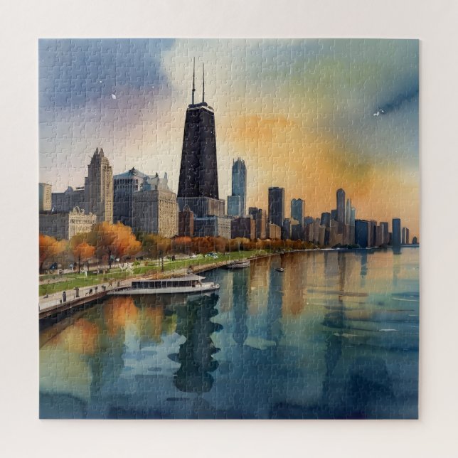 Chicago watercolor art jigsaw puzzle (Vertical)