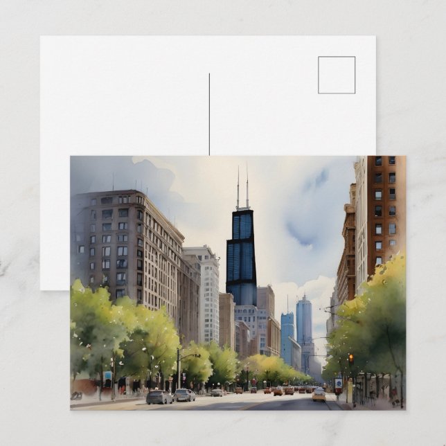 Chicago watercolor art postcard (Front/Back)