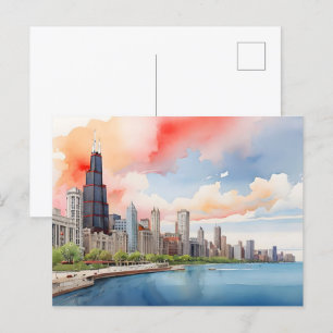 Chicago watercolor art postcard