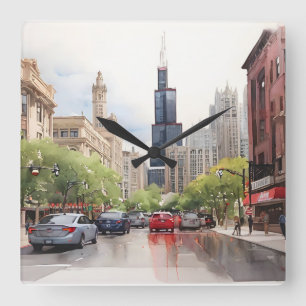 Chicago watercolor art square wall clock
