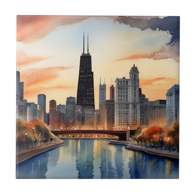 Chicago watercolor art tile (Front)