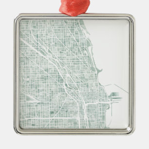 Chicago watercolor map seaglass blue green metal tree decoration