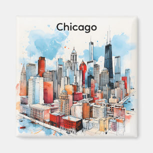 Chicago Watercolor Painting Skyline Cityscape Magnet