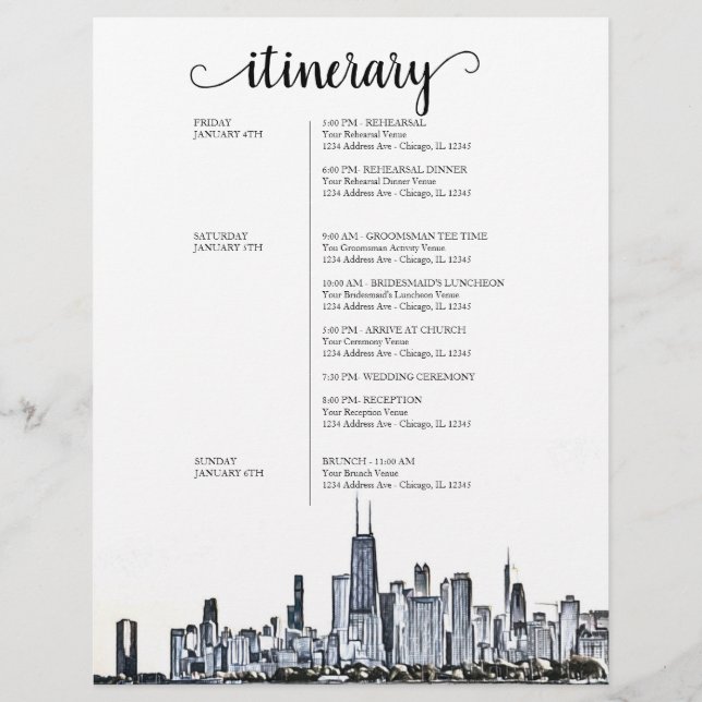 Chicago Wedding Weekend Welcome Itinerary (Back)