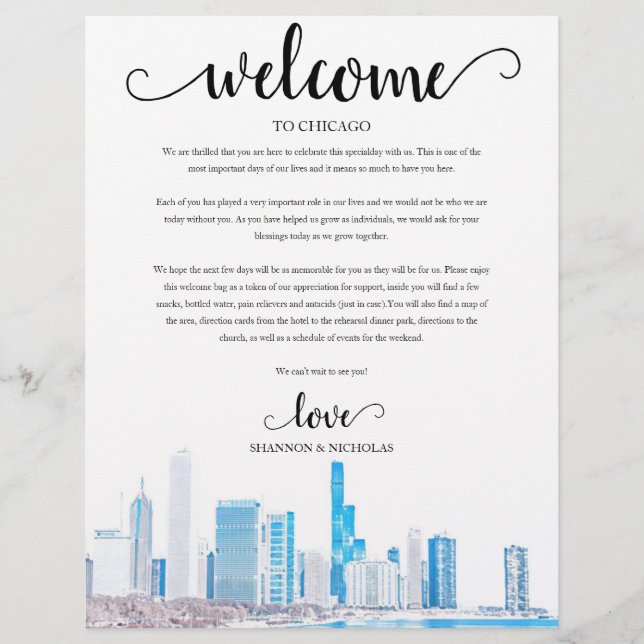 Chicago Winter Wedding Weekend Welcome Itinerary (Front)