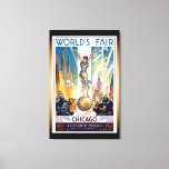 Chicago World's Fair 1933 - Vintage Retro Art Deco Canvas Print<br><div class="desc">Beautiful vintage retro Art Deco poster from the 1933 World’s Fair - A Century Of Progress,  showing woman standing on planet Earth among skylines,  aeroplanes & blimps.</div>