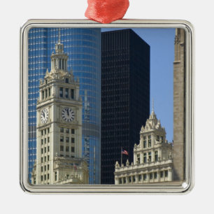 Chicago, Wrigley Building with Trump Hotel & Metal Tree Decoration