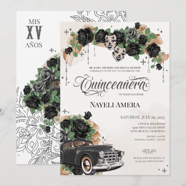 Chicana Lowrider Black Rose Chola Quinceanera Invitation (Front/Back)