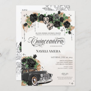 Chicana Lowrider Black Rose Chola Quinceanera Invitation