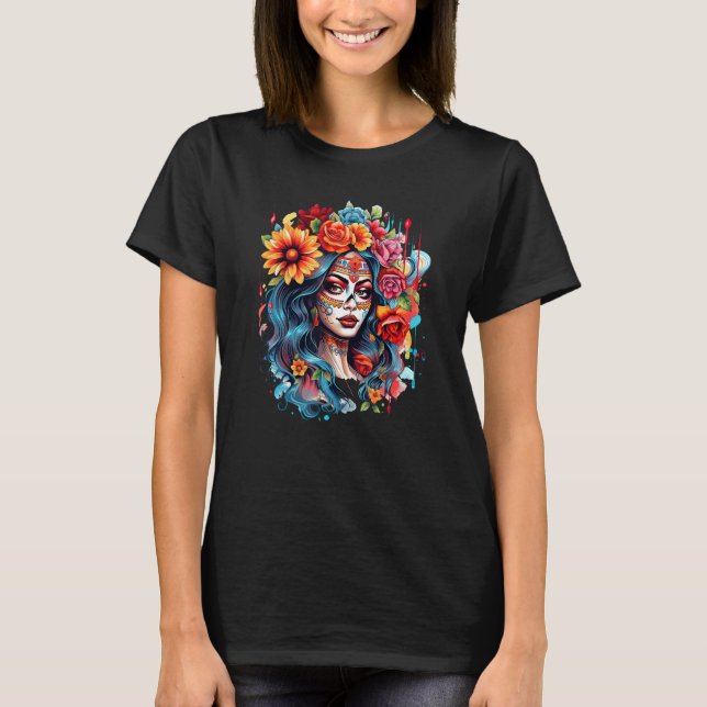 Chicano Girl Mexico Flowers Death Pretty 8 T-Shirt (Front)