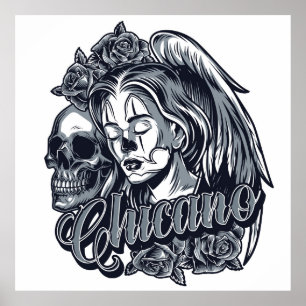 Chicano (Woman with Wings, Roses and Skull) Poster