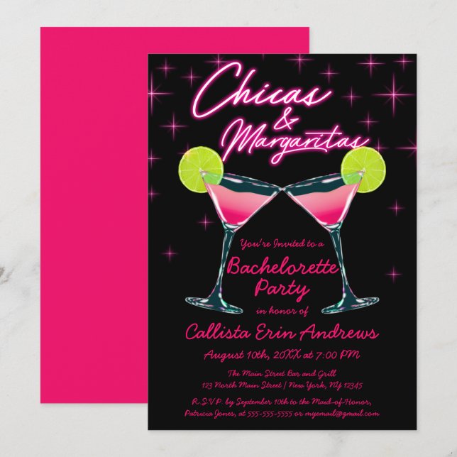 Chicas and Margaritas Neon Pink Bachelorette Party Invitation (Front/Back)