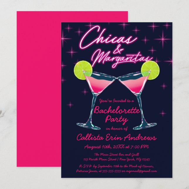 Chicas and Margaritas Neon Pink Bachelorette Party Invitation (Front/Back)