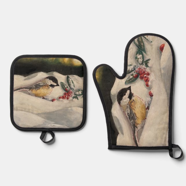 Chick-a-Dee with Mistletoe Oven Mitt & Pot Holder Set (Front)