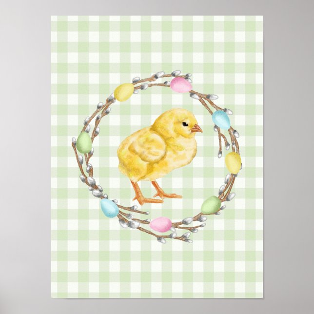 Chick And Colorful Willow Wreath Green Easter Poster (Front)