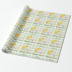 Chick And Pastel Eggs Happy Easter Green Gingham Wrapping Paper