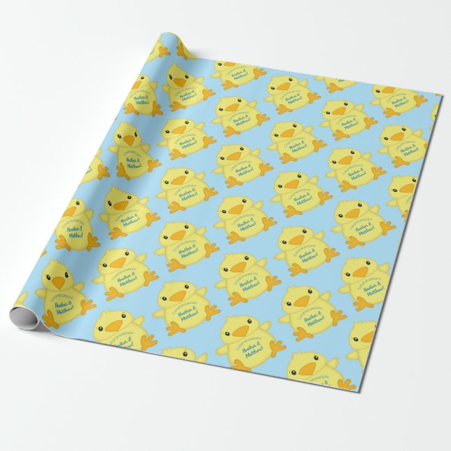 Chick Baby Shower Blue Wrapping Paper (Unrolled)