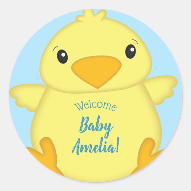 Chick Baby Shower Spring Blue Classic Round Sticker (Front)