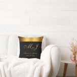 Chick Black Gold Monogram Script Wedding Cushion<br><div class="desc">This chiccustom throw pillow for newlyweds features an elegant faux gold calligraphy script for your monogrammed initials,  names,  and wedding date to personalise on a simple black background with faux gold border. Best of wishes for your wedding and marriage! Designed by Susan Coffey.</div>