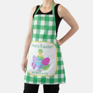 Chick Color Eggs Green Check Happy Easter NAME Sqr Apron