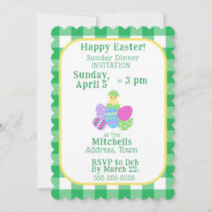 Chick Colored Eggs Green Check Happy Easter L Invitation