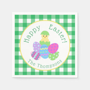 Chick Colored Eggs Green Check Happy Easter Round Napkin