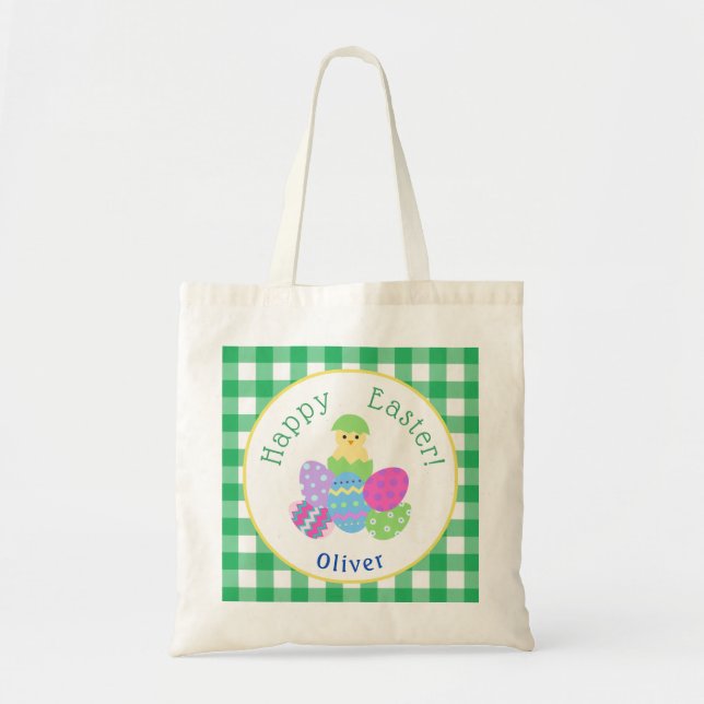 Chick Coloured Eggs Green Check Easter Hunt Kids  Tote Bag (Front)