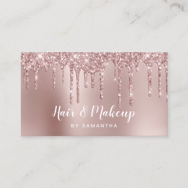 Chick copper rose gold glitter drips hair & makeup business card (Front)