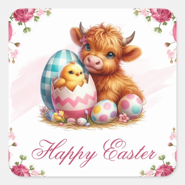 Chick, Cow & Easter Eggs Happy Easter Square Sticker (Front)