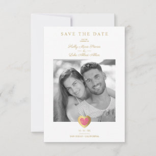 Chick Hot Pink & Gold Heart Photo Couple Wedding Save The Date