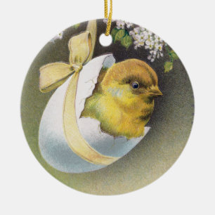 Chick in Hanging Eggshell Vintage Easter Ceramic Tree Decoration