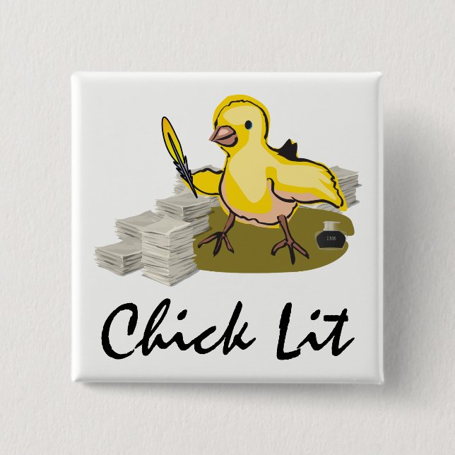 Chick Lit Writer with Paper and Feather Quill 15 Cm Square Badge (Front)