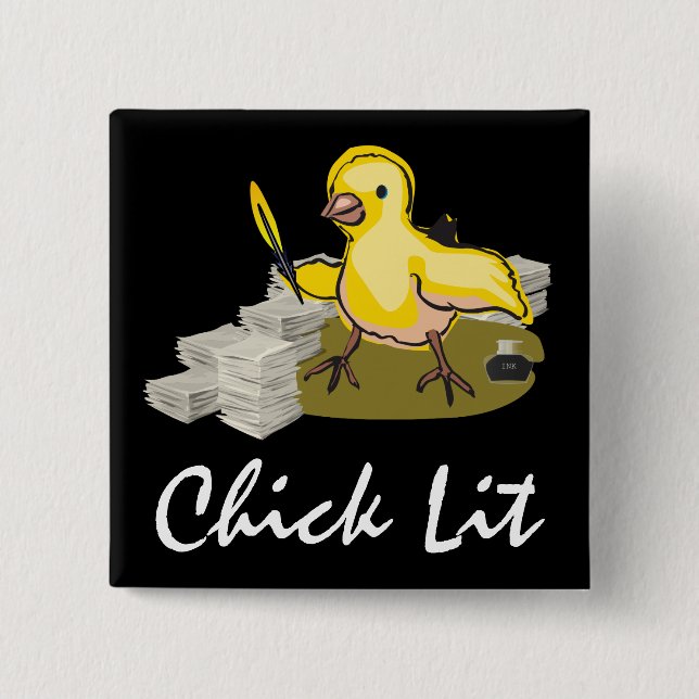 Chick Lit Writer with Paper and Feather Quill 15 Cm Square Badge (Front)