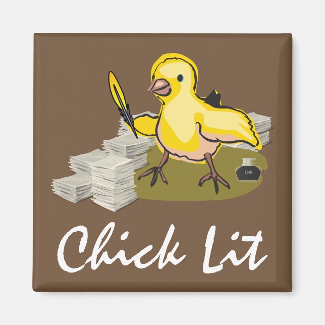 Chick Lit Writer with Paper and Feather Quill Magnet (Front)