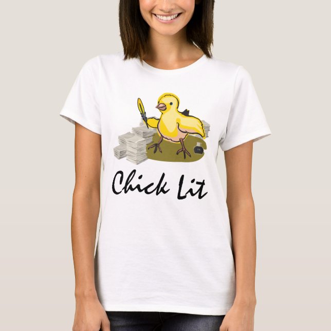 Chick Lit Writer with Paper and Feather Quill T-Shirt (Front)