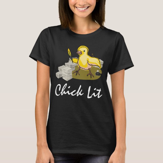 Chick Lit Writer with Paper and Feather Quill T-Shirt (Front)