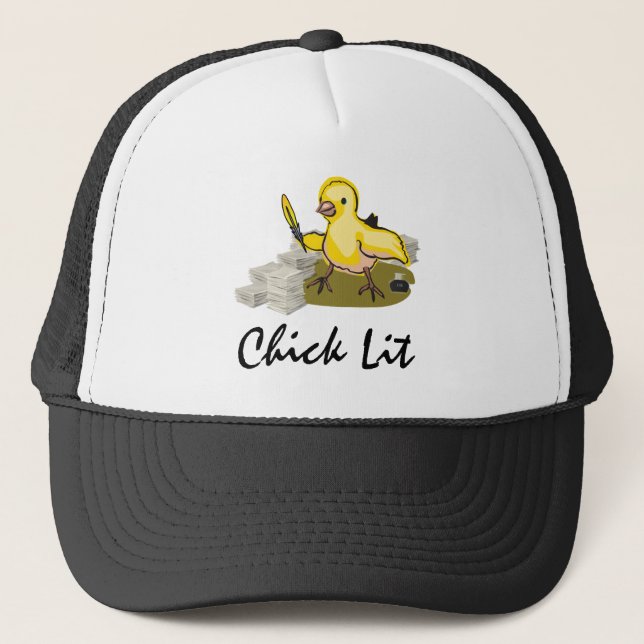 Chick Lit Writer with Paper and Feather Quill Trucker Hat (Front)