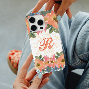 Chick Modern Peach Watercolor Floral Monogram R iPhone 15 Pro Case