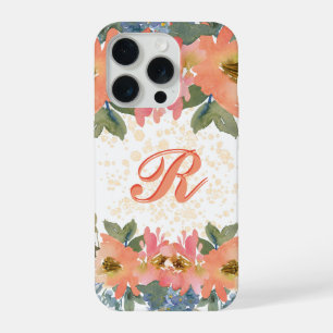 Chick Modern Peach Watercolor Floral Monogram R iPhone 15 Pro Case