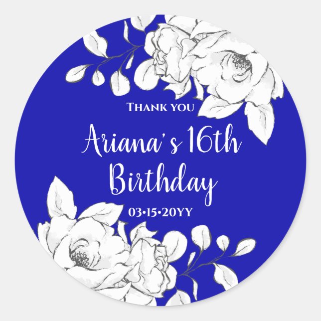 Chick Modern Royal Blue White Floral Thank You Cla Classic Round Sticker (Front)