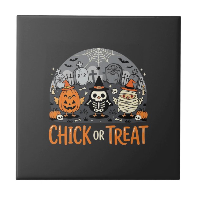 Chick or Treat Cute Halloween Graveyard Design_1 Tile (Front)