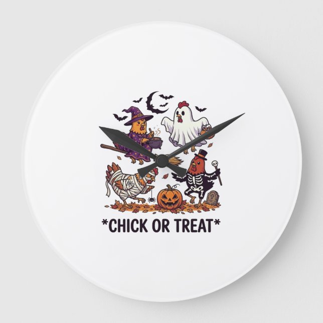 Chick Or Treat Haloween Chickens Witch Ghost Pumpk Large Clock (Front)