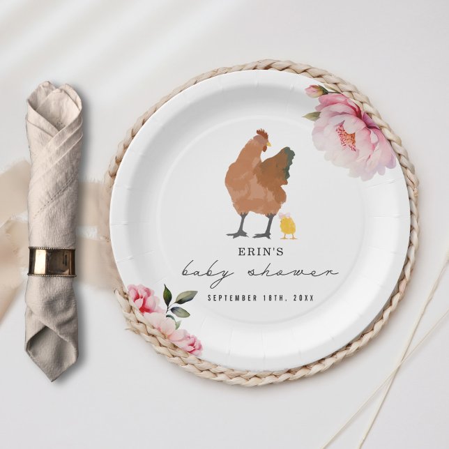Chick Pink Bow Floral Chicken Girl Baby Shower Paper Plate (Creator Uploaded)