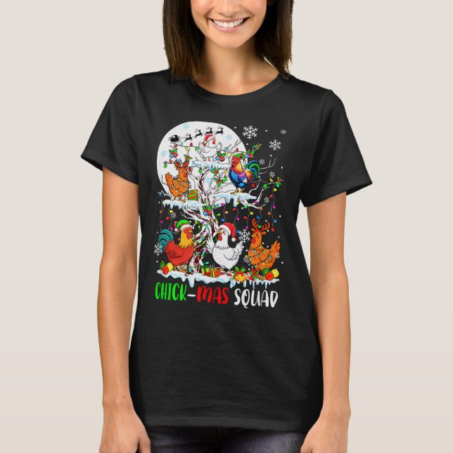 Chick Squad Xmas Group Santa Elf Chickens On Tree  T-Shirt (Front)