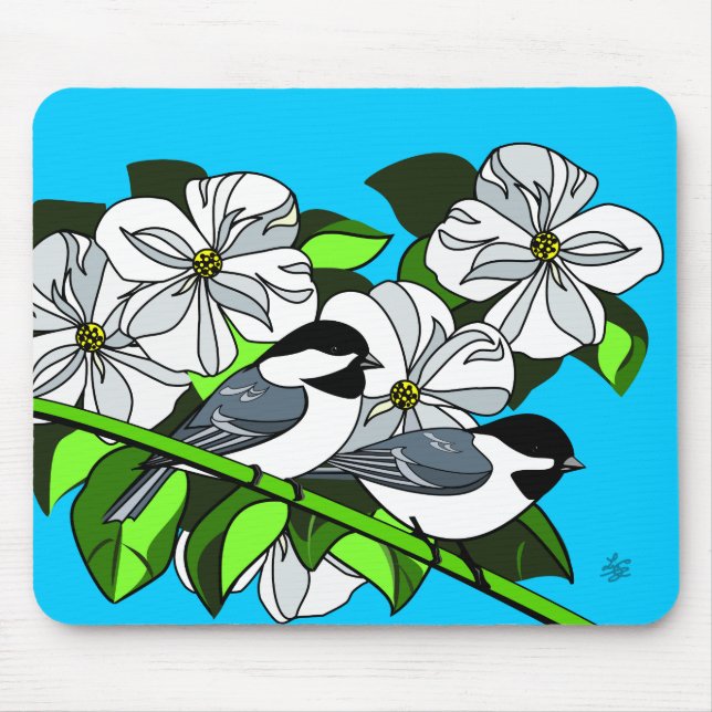 Chickadee Among Dogwood Flowers Mouse Mat (Front)
