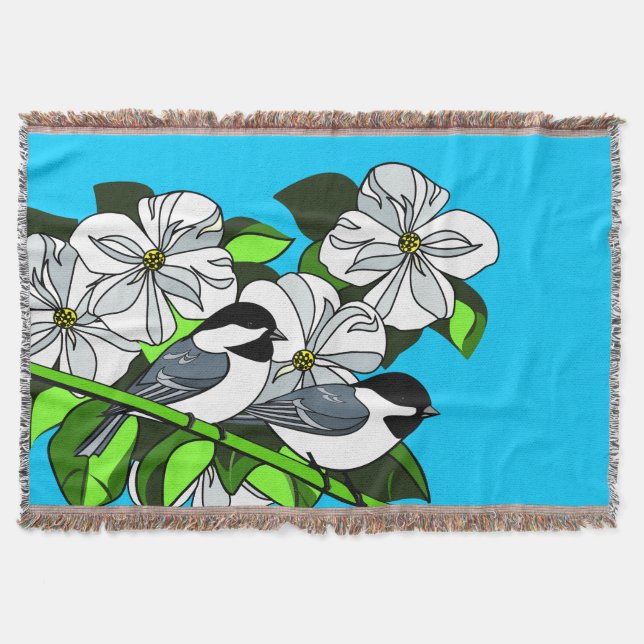 Chickadee Among Dogwood Flowers Throw Blanket (Front)